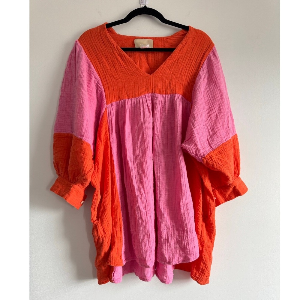 Anaak Cotton Gauzy Tunic Top Orange Pink SZ 2 Oversized Beachy Airy Lightweight